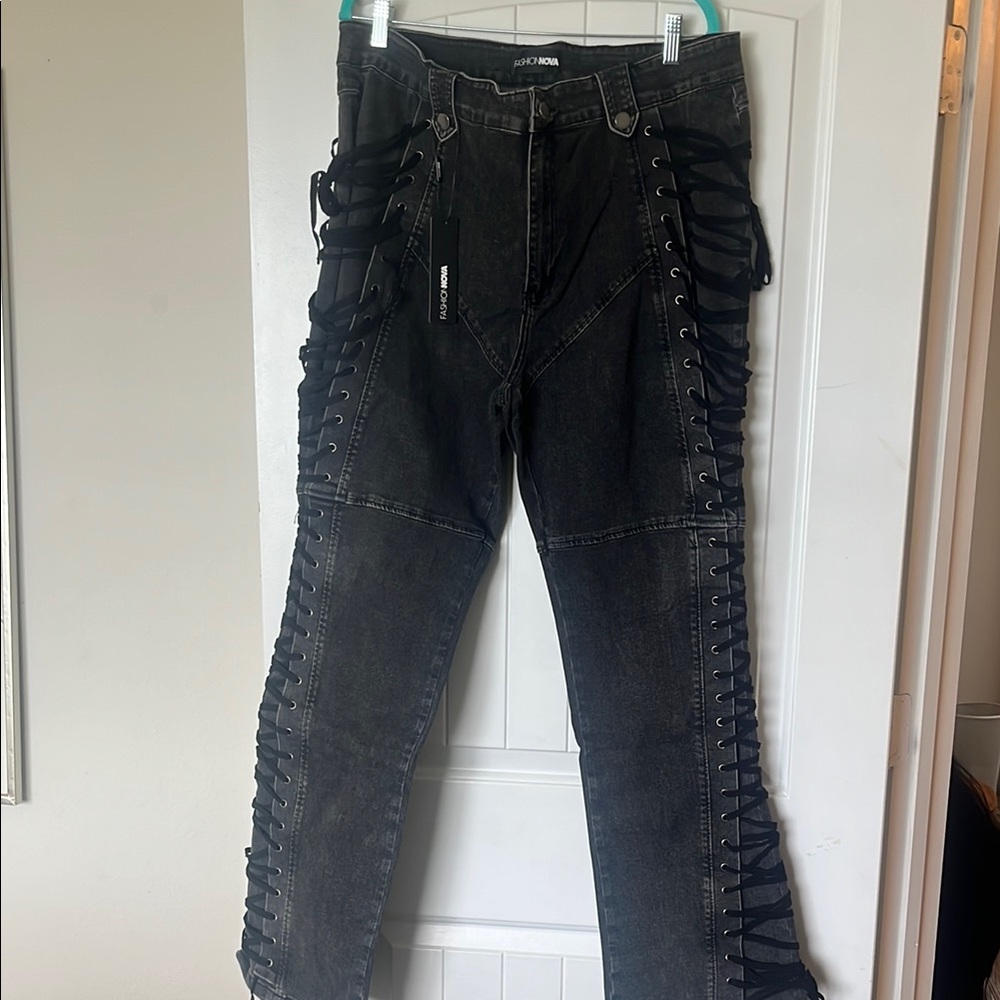 YMI Black Lace-Up Straight Leg Jeans